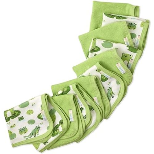 Butterblu River 10-Pack Baby Terry Washcloths 100% Organic Cotton Absorbent for Baby and Toddler Boys & Girls, Leaf Frog, One Size