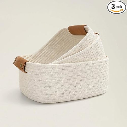 CHICVITA 3 Pack Rectangle Cotton Rope Woven Basket with Handles for Books, Magazines, Toys - Ideal Gift Decorative Basket for Baby Nursery, Living Room