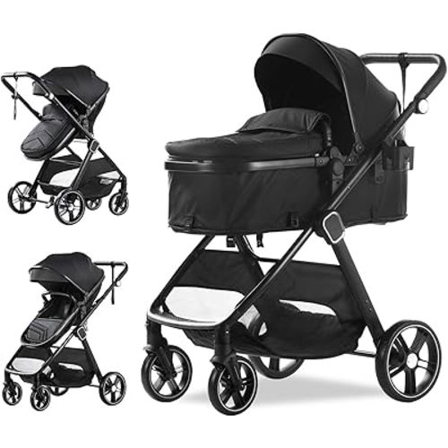 Trenana 2 in1 Baby Stroller,High Landscape Infant Stroller,Reversible Bassinet Stroller,Adjustable Backrest & Canopy,Foldable Aluminum Alloy Anti-Shock for Newborn (620-Black)