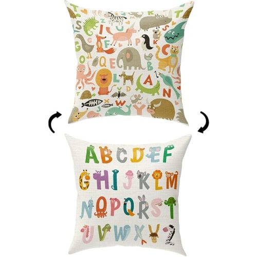 KongMoTree Cute Animal Alphabet Throw Pillow Case, Colorful Rainbow ABC Letters Decorative Cotton Linen Cushion Covers for Playroom Kids Couch Bedroom Nursery Toddler Classroom Decor, 18x18 Inch