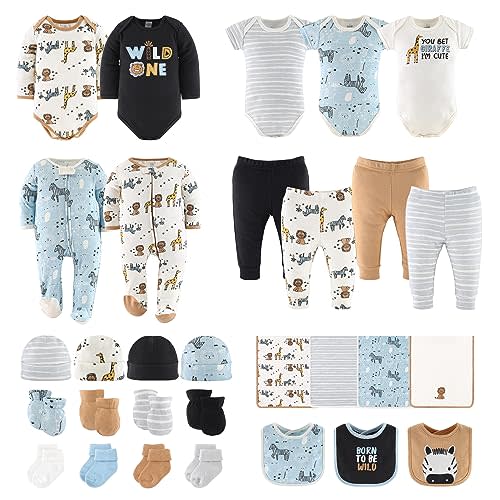 The Peanutshell Baby Layette Gift Set for Baby Boys or Girls - 30 Piece Unisex Baby Clothes Newborn to 9 Months - Safari
