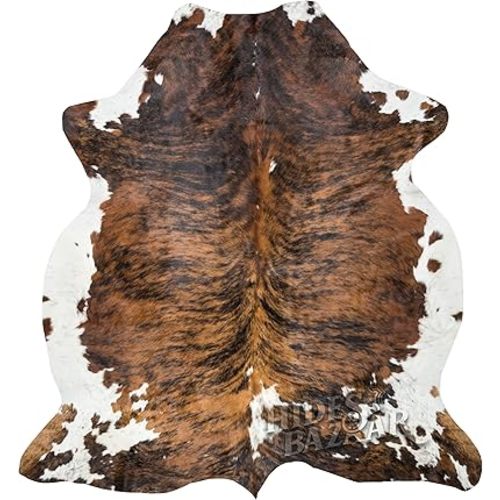 Brown Brindle Cowhide Rug Premium CowSkin Rugs with Unique Brown, Black & White Pattern - Natural Cowhide Rug Made Tanned Leather Cow Hides - Cow Hide Rugs 6x6-7 ft