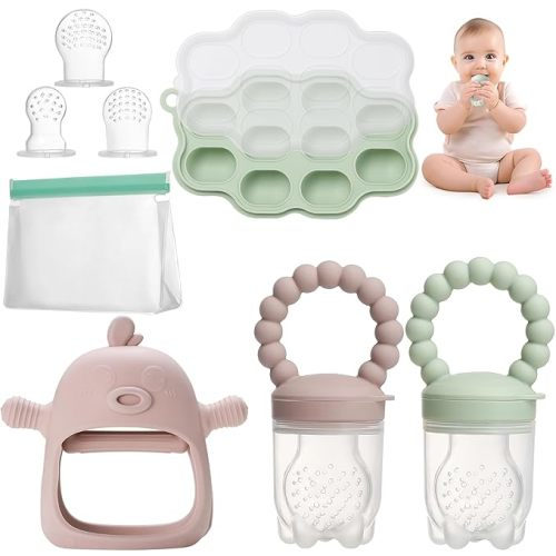 Breastmilk Popsicle Mold & Baby Fruit Feeder Pacifier with Teething Mitten, 3 Extra Nipples and Storage Bag, BPA Free, Dishwasher Safe, Ideal for Babies Over 3 Months Feeding & Teething - Pink & Green