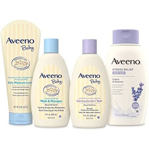 Aveeno Baby Mommy & Me Daily Bathtime Gift Set including Baby Wash & Shampoo, Calming Baby Bath & Wash, Baby Moisturizing Lotion & Stress Relief Body Wash for Mom, Soap-Free, 4 items