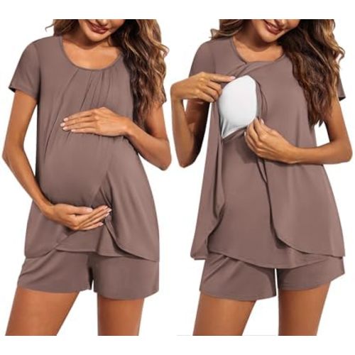 Ekouaer Women's Maternity Nursing Pajamas Set Breastfeeding Sleepwear Double Layer Short Sleeve Top & Shorts Nursing Pjs