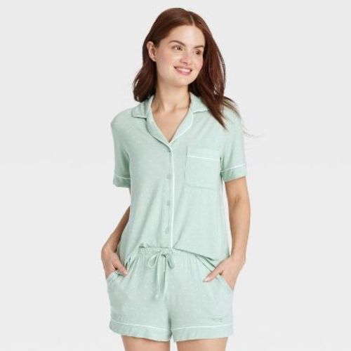 Women's Cloud Knit Short Sleeve Notch Collar Top And Shorts Pajama Set - Auden™ Green/polka Dot S