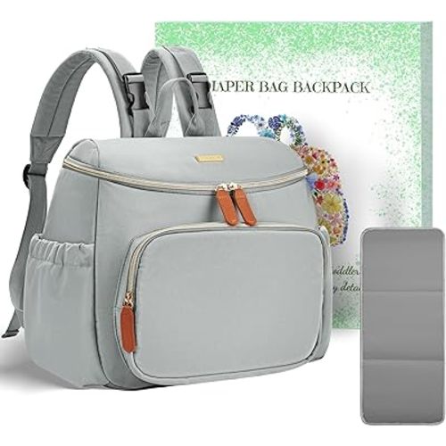 Small Diaper Bag Backpack, Lightweight Baby Bag for Moms and Dads, Compact Travel Diaper Backpack with Stroller Straps & Changing Pad, Waterproof & Stylish Baby Bag for Everyday Essentials -GREY