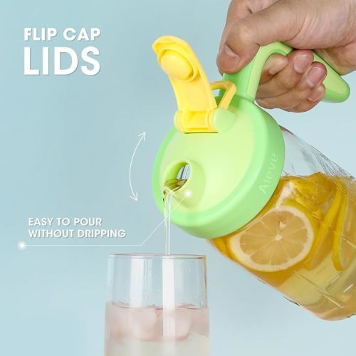 Aieve Mason Jar Pour Spout Lid for Wide Mouth Mason Jar, 2 Pack Mason Jar Picther Flip Cap Lids with Ergonomic Handle (Leakproof and BPA Free)