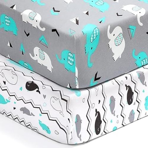 BROLEX Baby Fitted Crib Sheets: Kid Crib Sheets - Set of 2 for Toddler Standard Size Crib Mattress for Boys and Girls - Jersey Knit Crib Bed Sheets Elephant Whale