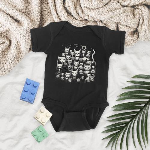 Angry Cats and Pumpkins Halloween Design Baby Onsie Bodysuit printed in an Eco-Friendly Water Based Ink