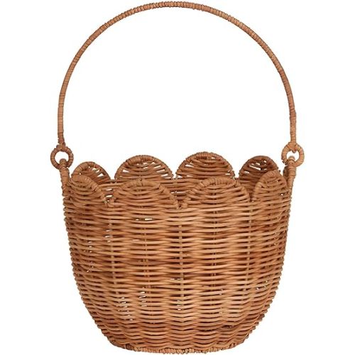 Scalloped Basket, Scalloped Edge Round Basket with Handle, Wicker Baskets for Storage, Hand Woven Shelf Baskets for Bathroom, Bedroom Organizing (Natural Rattan A)