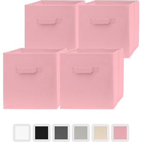 Pomatree 13x13x13 Inch Storage Cubes - 4 Pack - Large and Sturdy Storage Bins | Dual Handles, Foldable | Cube Organizer Bin | Fabric Baskets for Organizing Closet, Clothes and Toys (Pink)