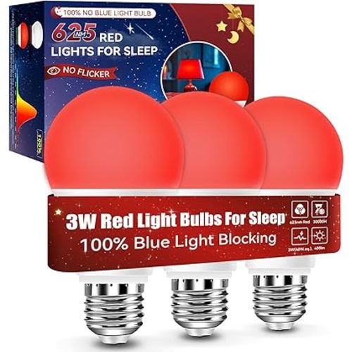 Neporal 625nm Red Light Bulbs for Sleep 3W, 100% Blue Light Blocking Light Bulbs for Melatonin Promoting, A19 LED 40W Equivalent Dim Red Night Light Bulb for Baby Nursery, Sleeping, Reading, 3-Pack