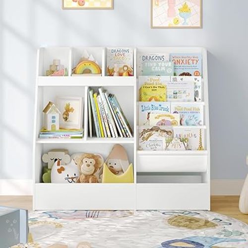 4 in 1 Kids Bookshelf and Toy Storage Organizer, 3-Tier Toy Organizers with Removable Toy Bins, Book Shelf for Kids Room, Toddler Sling Bookshelf with Storage Cubbies, Toy Shelf for Nursery, Playroom
