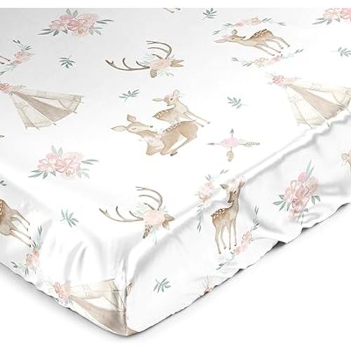 Sweet Jojo Designs Woodland Deer Floral Girl Baby Satin Fitted Crib Sheet Infant Newborn Nursery Toddler Bed Room Standard Mattress Blush Pink Green Boho Watercolor Bohemian Forest Animal Shabby Chic