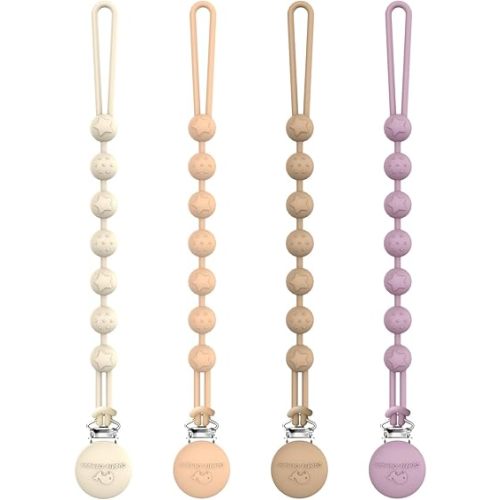Cuddle Campus Silicone Pacifier Clip Holder with One Piece Design, Pack of 4 Soft Flexible Binky Clips with Texture for Baby Boy and Girl Set 3(6M+)