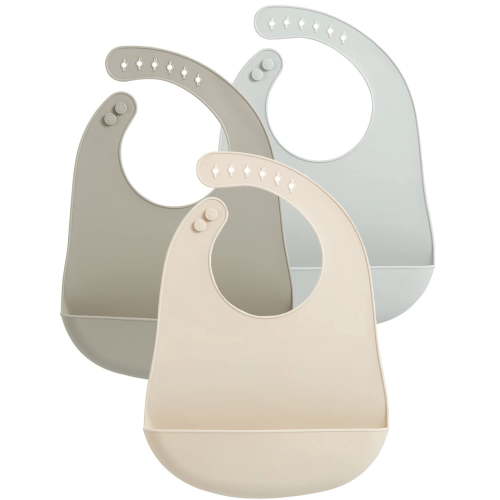 PandaEar 3 Pack Waterproof Silicone Baby Bibs| Super Thin Light Weight Feeding Bib with Food Catcher Pocket for Toddler (Walnut&Linen&Brown)