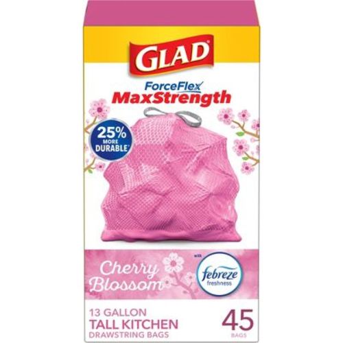Glad ForceFlex MaxStrength Tall Kitchen Drawstring Pink Trash Bags - Cherry Blossom - 13gal/45ct