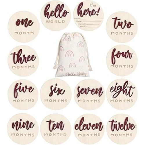 Burbell 7 Pack 3D Baby Monthly Milestone Card Signs Baby Announcement Sign Double Sided Hello World Newborn Signs Wooden Circles Discs for Welcome Newborn Boy Girl Photo Props(Reddish Brown,Letter)