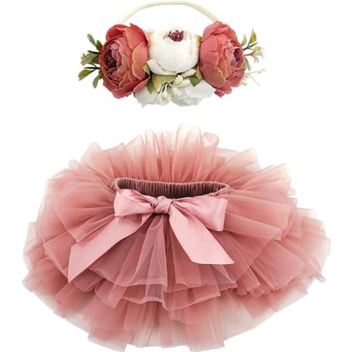 BGFKS Baby Girls Soft Fluffy Tutu Skirt with Diaper Cover,Toddler Girl Tutu Skirt Sets with Flower Headband.