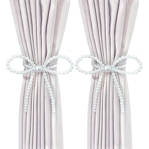 Elegant Pearl Bow Magnetic Curtain Tiebacks – 2 Pack Decorative Curtain Holders, No Drill Strong Magnets for Living Room, Bedroom & Home Décor