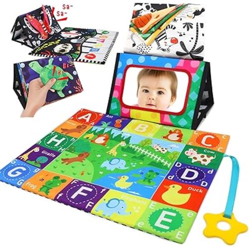 KUANGO 2 Pcs Tummy Time Toys Baby Mirror Newborn Toys 0-3 Brain Development, Tummy Time Mirror Baby Toys 6-12 Months High Contrast Montessori Infant Toys 0-6 Months