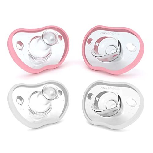 Nanobebe Baby Pacifiers 0-3 Month - Orthodontic, Curves Comfortably with Face Contour, Award Winning for Breastfeeding Babies, 100% Silicone - BPA Free. Baby Registry Gift 4pk,Pink/White - 4 Count (Pack of 1)