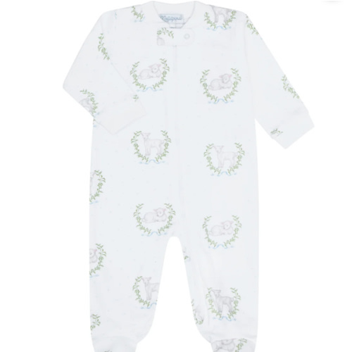 Blue Lamb Print Zipper Footie, size 3-6 M