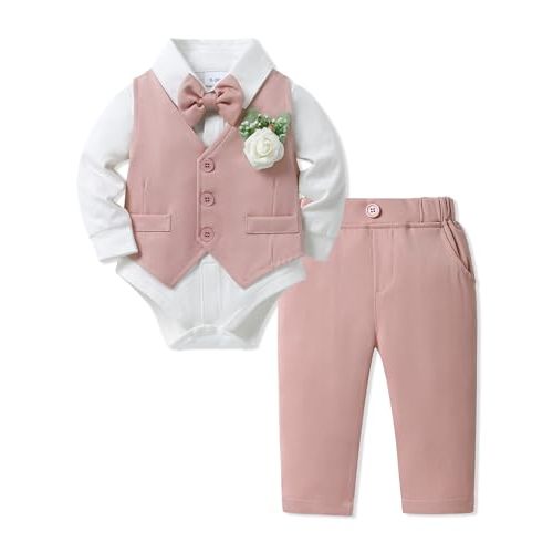 SANMIO Baby Boy Clothes Suits Infant Gentleman Outfit Collared Dress Shirt+Vest+Tie+Corsage+Pants 5Pcs Baby Suit Sets
