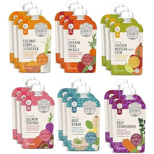 Serenity Kids 7+ Months World Explorers Baby Food Pouches - Puree w/ Ethically Sourced Meats & Organic Veggies - 3.5 Oz BPA-Free - Variety Pack (18 Pouches) - Baby Food Meat