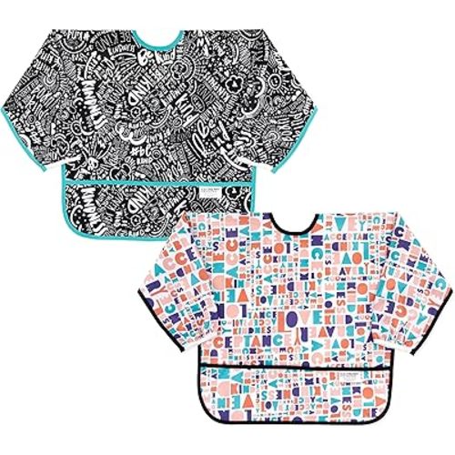 Bumkins Bibs, Baby and Toddler Bibs, Bibs for Girls and Boys 6-24 Months, Long Sleeve Bib, Baby Bibs for Eating, Lightweight Waterproof Fabric Sleeved Smock (2-Pack)