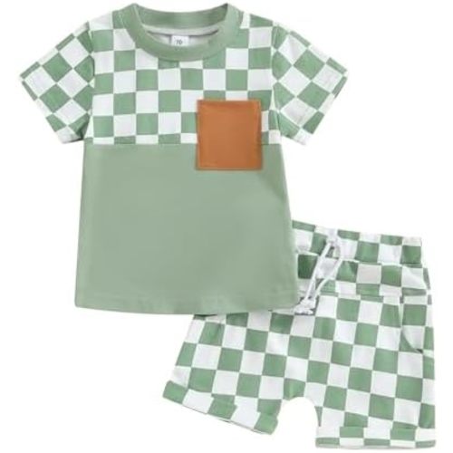 Baby Boy Girl Summer Outfits Checkerboard Short Sleeve T-Shirt Elastic Waist Shorts Set Toddler Checkered Outfit