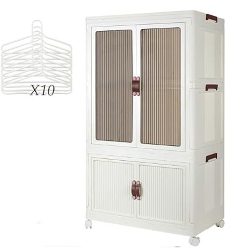 Portable Wardrobe Closet Storage Organizer for Clothes, Folding Storage Bins with Lid, Stackable Storage Box with Hanging Rod and Doors, Collapsible Cabinet with Wheels, 10 Hangers for Bedroom, Office