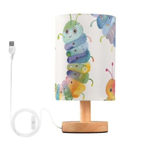 Caterpillars Table Lamp USB Bedside Desk Nightstand Lamp Printed Gifts Small Lamp Wood Base for Bedroom Living Room Kids Room College Dorm