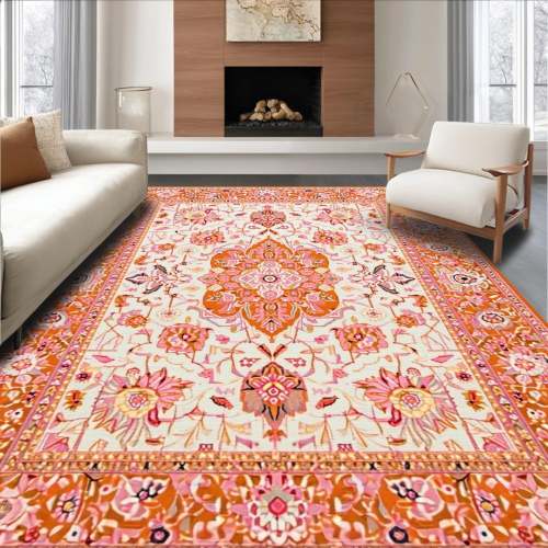 Ultra Soft Area Rug, Non Slip, Stain Resistant, Washable Area Rugs for Living Room, Bedroom, Lively Orange Garden Inspired Rug(Orange)