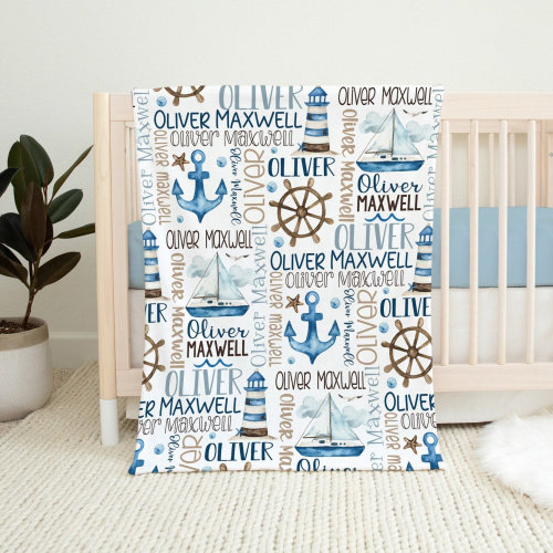 Baby Boy Personalized Nautical Blanket, Sailboat Anchor Baby Blanket, Custom Name Baby Boy Gift, Nautical Swaddle Blanket, Nautical Minky