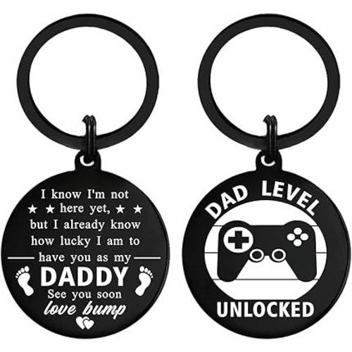 Mataly New Dad Gifts for Men - Pregnancy Gifts for Expecting Dad - Dad Level Unlocked Keychain with Baby Footprint - First Time Dad Gifts, Large