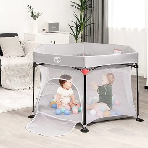 BABY JOY 53'' Outdoor Baby Playpen, Portable Large Play Yard for Babies and Toddlers w/Removable UV Canopy, Bag, Padded Mat, Foldable Travel Baby Beach Tent Play Pens for Both Indoors and Yard Grey