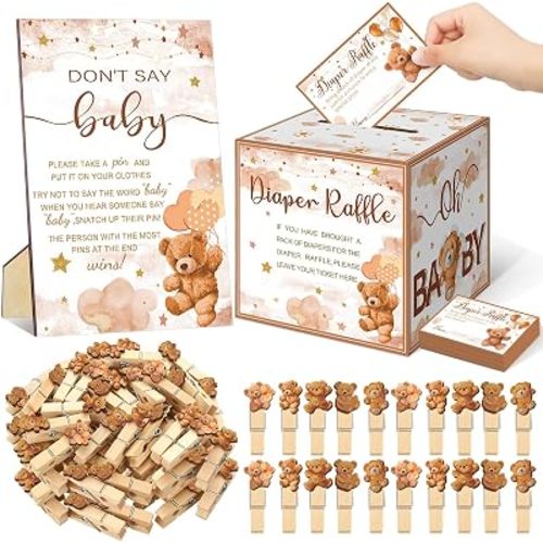 Dispowreath 102 Pcs Bear Baby Shower Game Supplies Diaper Raffle Ticket with Diaper Raffle Card Box Don't Say Baby Sign Mini Bear Clothespin Game Decor for Gender Reveal Favor
