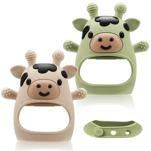 TOHIBEE 2 Packs Baby Teething Toys for 0-6 6-12 Months, Food Grade Silicone Adjustable Cow Teething Mitten, Chew Teether Toys for Teething Pain Relief, Baby and New Born Essentials, Green & Beige