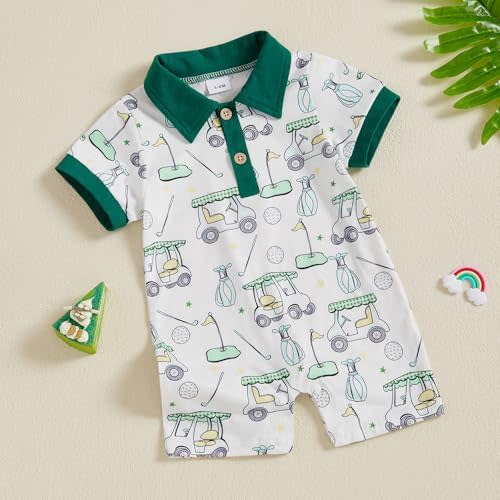 Baby Boy Golf Outfit Short Sleeve Lapel Button-up Striped Jumpsuit Bodysuit Golf Club Embroidery Romper Clothes