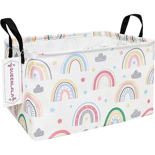 QUEENLALA Rectangular Laundry Hamper/Foldable Nursery Laundry Basket for Organizing/Storage Bin Baskets/Children Toy Office Bedroom/Toy Bin Closet Shelf Baskets（Rec-Rainbow）