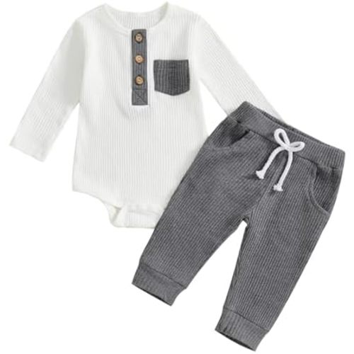 fhutpw Baby Boy Clothes 3 6 12 18 Months Ribbed Knitted Long Sleeve Romper and Pants Sets Newborn Fall Splicing Color Outfits