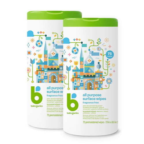 Babyganics All Purpose Surface Wipes, Fragrance Free, 75 Count (Pack of 2), Plant Based and Non-Abrasive, No Ammonia, No Bleach