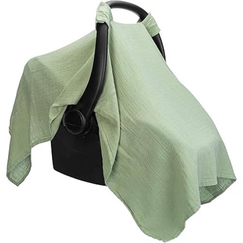 Comfy Cubs Baby Car Seat Cover - Soft, Breathable Bamboo Rayon and Muslin Cotton Blend - Lightweight Canopy for Sun, Bug, and Comfort Protection - Large Size Infant Seat Cover in Sage Design