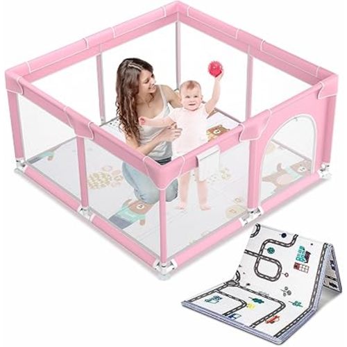 Suposeu Baby Playpen with Mat, Indoor & Outdoor Playard Kids Activity Center with Gate, Sturdy & Safety Baby Fence with Soft Breathable Mesh for Toddler, Pink