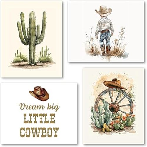 Hxlac Western Cowboy Nursery Wall Art Prints Set of 4 UNFRAMED - Western Wall Decor for Toddler Baby Boy Room, Cowboy Nursery Decor, Boy Room Pictures Wall Decor (8x10 Inches)