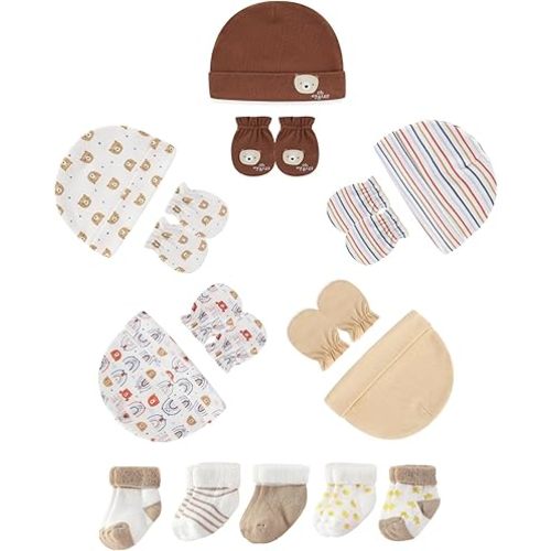 Newborn Baby Hats Mittens and Socks Set Infant Cotton Beanie Caps No Scratch Gloves for Boys Girls 0-6 Months