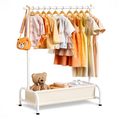 MISSLO Kids Clothing Rack with Basket Small Dress Up Storage Short Toddler Dress Up Rack Kids Closet for Baby Clothes, White