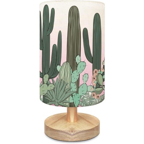 Bedside Table Lamp Seamless Pattern Cactus Wild Cactus Forest Dimmable Desk Lamp with Flaxen Fabric Shade Wood Base Nightstand Lamp Small Lamp for Bedroom Living Room Home